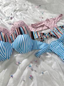Swim Mod Petal Patchwork Hard Cup Detachable Strap Striped Print Sexy Cute 2 Pieces Swimwear - Multicolor - View 1
