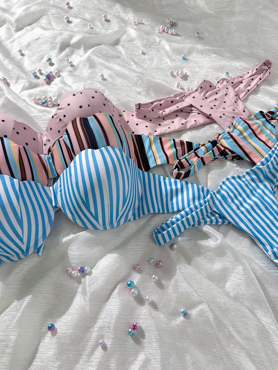 Swim Mod Petal Patchwork Hard Cup Detachable Strap Striped Print Sexy Cute 2 Pieces Swimwear - Multicolor - View 1