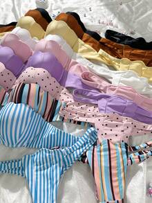 Swim Mod Petal Patchwork Hard Cup Detachable Strap Striped Print Sexy Cute 2 Pieces Swimwear - Multicolor - View 8