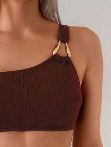 Swim Vcay Women's Summer Beach Solid Color Sexy Halter Bikini Swimwear Set Brown Bathing Suit Women 2 Piece Set Brown Bikini Sets Brown Two Piece Swim Suit Ribbed Bikini - Burgundy - View 5