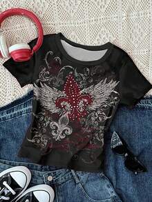 SHEIN 3件装Y2K朋克哥特风翅膀十字架印花黑色修身短袖T恤，适合夏季、运动、健身、啦啦队、派对等场合。 - 彩色 - 查看 6