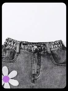 SHEIN ChillGRL Tween Girl Fashion Snowflake Washed Embroidered Wide Leg Jeans, Suitable For Autumn/Winter Casual Outings, School, Commute, Parties, Home, Vacation, Back To School Season Y2k 90s 70s Full With Flower Pants Stylish Denim Jeans - Light Grey - View 5