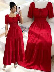 Elenzga Women's Elegant Waist Tie Petal Sleeve Dress, Summer - Red - View 4