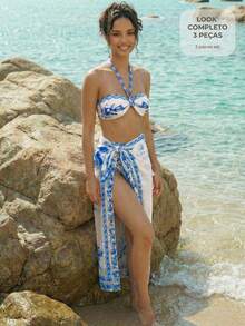 CAJUNI Women Flower Print Bikini Set, Beach Skirt 3 Pieces - Multicolor - View 1