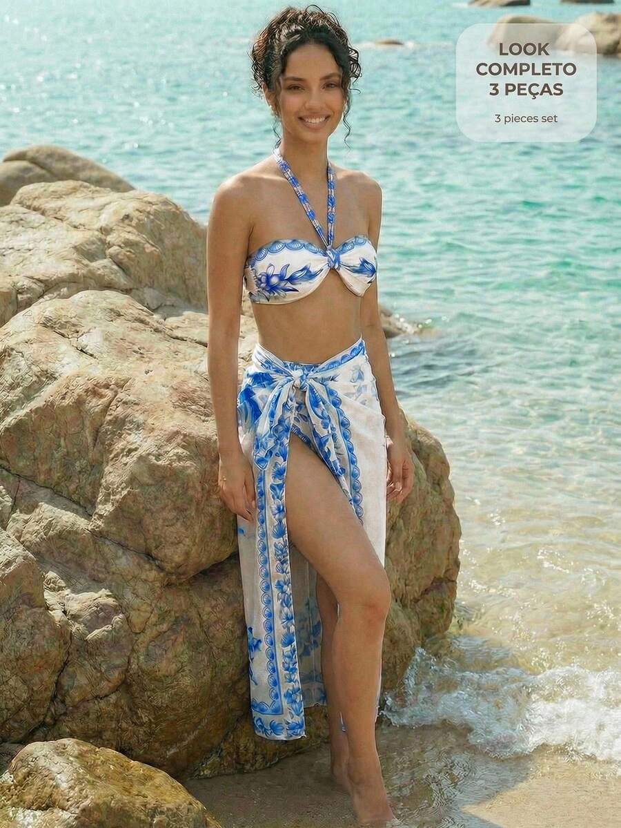 CAJUNI Women Flower Print Bikini Set, Beach Skirt 3 Pieces - Multicolor - View 1