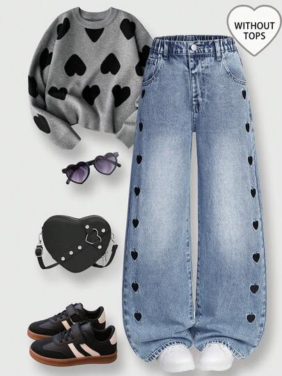 女童新款时尚甜心刺绣直筒宽松牛仔裤