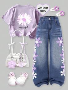 Tween Girls Cute Blue Flower Embroidery Wide-Leg Loose Denim Pants,Washed Light Blue Jeans For School,Back-To-School,Autumn,Vintage Academic Style - Blue - View 1