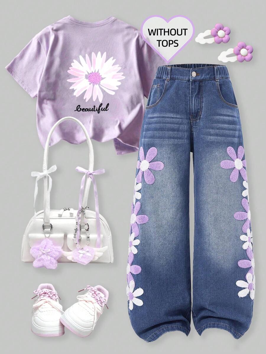 Tween Girls Cute Blue Flower Embroidery Wide-Leg Loose Denim Pants,Washed Light Blue Jeans For School,Back-To-School,Autumn,Vintage Academic Style - Blue - View 1