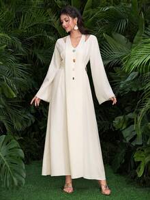 Al Najma Vestido modesto de estilo árabe con mangas largas, lazo y adornos de perlas, color albaricoque, para primavera/verano - Albaricoque - Ver 7