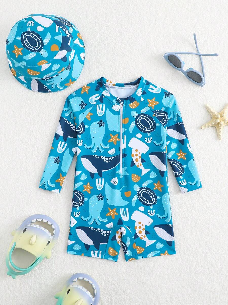 SHEIN 婴儿/男婴鲸鱼印花长袖防晒泳衣，带宽檐帽 - 彩色 - 查看 1
