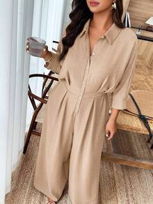 Weeklong Plus Size Women's Collared Jumpsuit With Ruffle Mid-Sleeve, Waist Cinched, Casual & Office Wear - Khaki - View 4