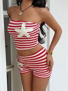 Sunnyshic Bộ áo croptop và quần short cạp cao kẻ sọc đỏ trắng, trang trí hình sao biển móc thủ công, trang phục thanh lịch cho kỳ nghỉ và thường ngày, phong cách tối giản cho mùa xuân/hè. - Đỏ - Xem 4