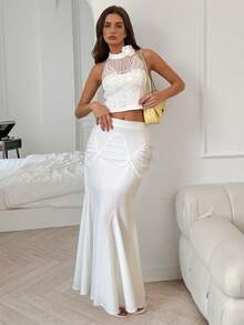 Elenzga French Style White Pleated High-Waisted Slimming Retro Elegant High-End Fishtail Maxi Skirt - White - View 1