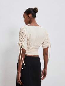 ATUI Studio Women's Ruched Waist Drawstring Sleeve Top - Soft Stretchy Cotton Modal Blouse With Pleated Detail For Summer Going Out - Light Grey - View 4