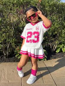 2pcs Young Girls Basketball Jersey Outfit, Numeric Print T-Shirt And Skirt Set, Casual Daily Fashion Versatile Streetwear - Multicolor - View 3