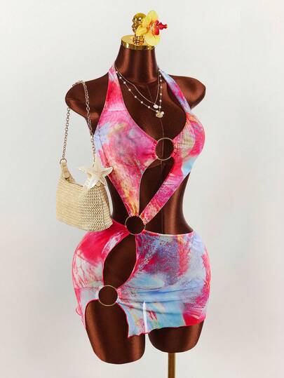 Amplova Women's Printed Halter Neck Cover Up Dress, Sexy Backless Hollow Out Design, Suitable For Vacation