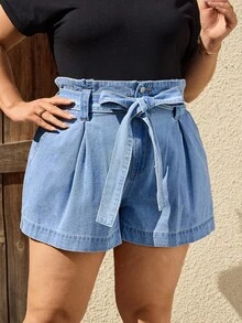 SHEIN LUNE 大码女式系带口袋阔腿休闲牛仔短裤 - 淺色水洗藍 - 查看 5