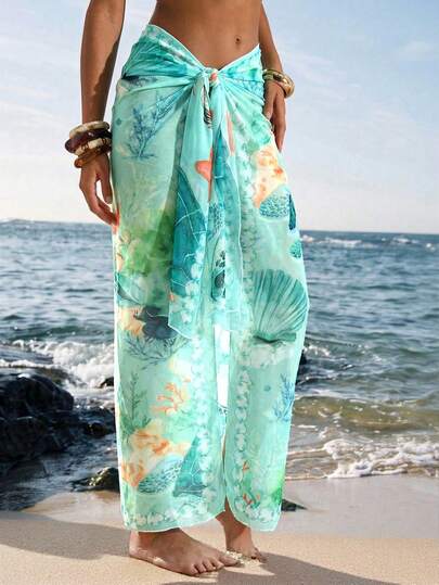 Swim Vcay Women's New Spring/Summer Ocean Style Sea Turtle, Coral, Shell 3D Digital Mesh Printed Beach Wrap Skirt Coverup, Tropical Vibe, Beach Party, Pool Party, Holiday Party, Spring Break, Boho, Women's Summer Casual Beach, Resort Wear