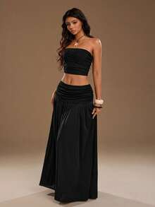 SHEIN PETITE 女士网纱纯色抹胸上衣和长裙两件套 - 黑色 - 查看 3