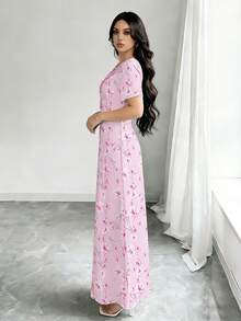SHEIN Najma 女士碎花长裙，V领短袖收腰优雅连衣裙，适合度假和日常穿着，夏季 - 彩色 - 查看 4