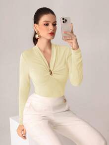 Modelyn Metal Buckle V-Neck Pleated Long Sleeve Elegant Fitted T-Shirt Tops For Women,Classy Pale Yellow Autumn Office Body Shirts New Arrivals Latest Tops - Yellow - View 5