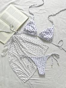 Swim Mod 女士三件套沙滩夏季套装：黑白波点印花吊带珍珠装饰迷你裙和性感比基尼 - 彩色 - 查看 2