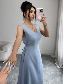 Lyxana 女士亚麻V领无袖修身A字连衣裙，侧腰系带，休闲优雅，适合约会、新年、情人节、复活节、母亲节、音乐节、中东婚礼、通勤、浪漫假期等场合，蓝色 - 水藍色 - 查看 5