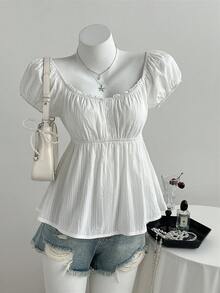 Elamini Áo kiểu nữ tay ngắn cổ vuông thêu họa tiết, thoải mái, thích hợp cho kỳ nghỉ biển, hẹn hò, đa năng. - trắng - Xem 5