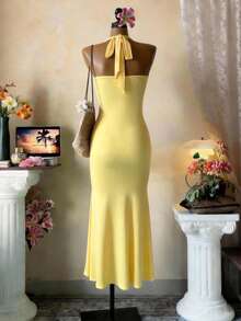 EMERY ROSE Đầm lưới cổ yếm gợi cảm và thanh lịch mới dành cho nữ, bộ sưu tập Xuân/Hè 2026. - Vàng nhạt - Xem 2