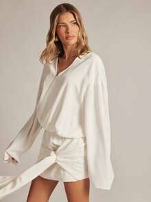 SHEIN Haute Women's Draped Long Sleeve Drop Waist Dress With V Neck Office Wear - White - View 4