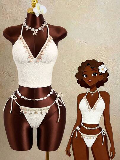 Zestiva Women's Floral Textured Fabric Ocean Element Decor Design Spaghetti Strap 2-Piece Bikini, Sexy Lady Beach Party Holiday Style Swimwear Set