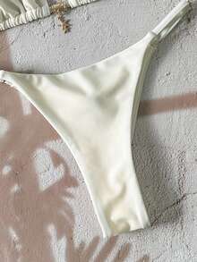 Swim Vcay Traje de baño de mujer de unicolor con colgante metálico tipo halter, conjunto de bikini de tanga sexy - Beis - Ver 6