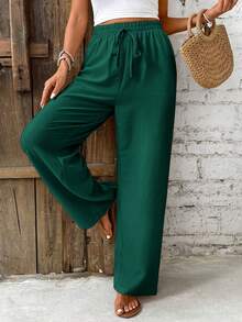 SHEIN PETITE CURVE 大码女式纯色弹力腰休闲裤 - Fresh Green - 查看 3
