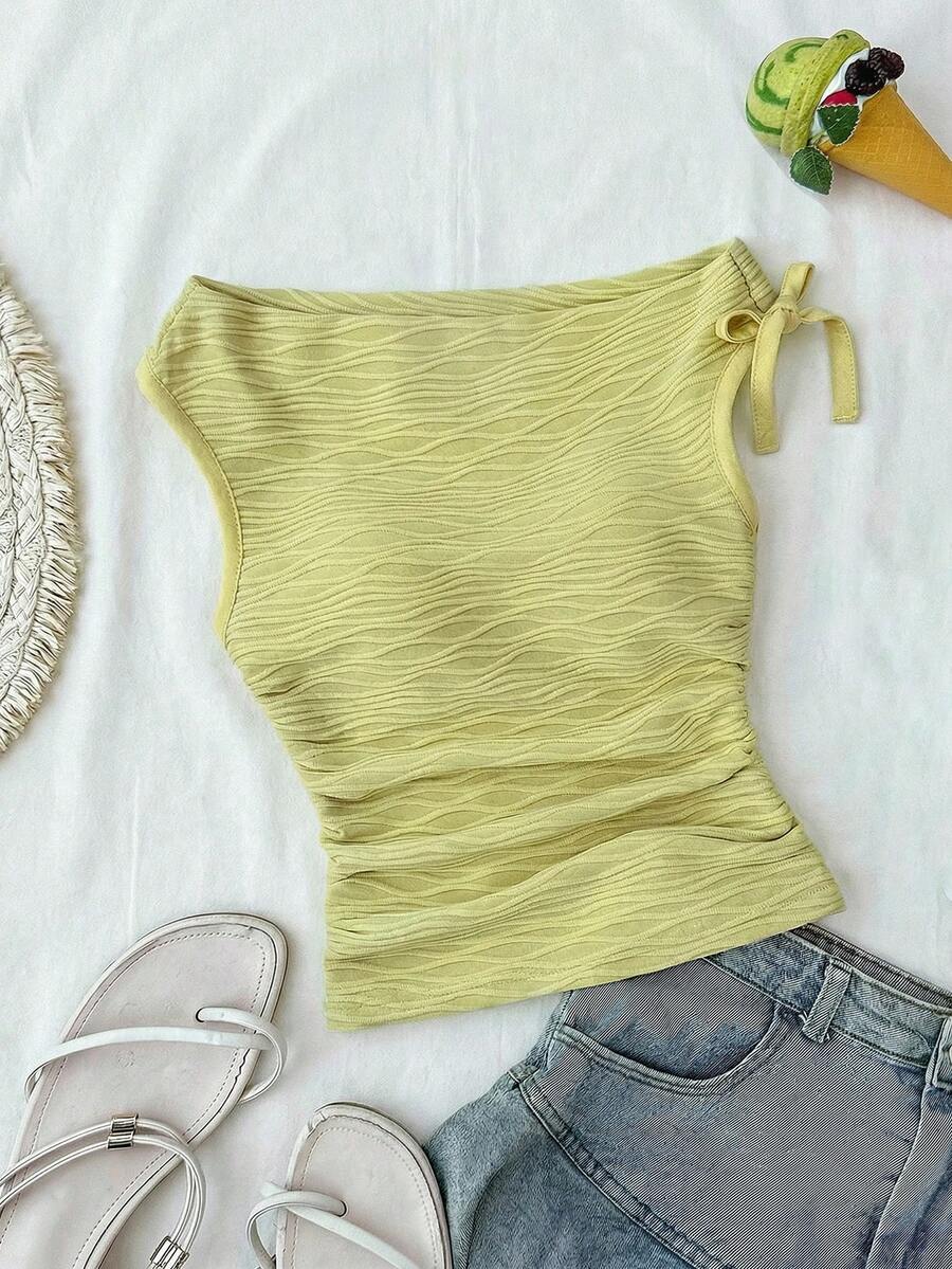 Tween Girl Casual Elegant Vacation Textured Jacquard Asymmetrical Neck Asymmetrical Ruched Cropped T-Shirt Top KIDS - Green - View 1