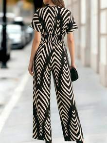 Balvessa Bộ jumpsuit nữ dáng rộng, ống rộng, cổ chữ V, tay ngắn, cạp cao, phối màu tương phản. - Nhiều màu - Xem 2