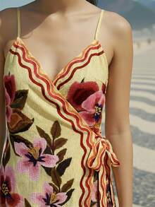 CAJUNI Summer Women Bohemian V-Neck Floral Print Short Dress Sleeveless Beach Vacation Mini Dresses, Flower Print Dress - Yellow - View 4