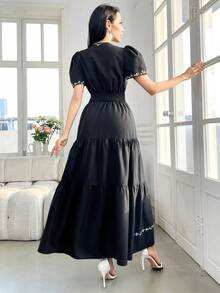 Yasmyna New Embroidered Waist-Cinched A-Line Comfortable Casual Beach Holiday Everyday Dress - Black - View 6