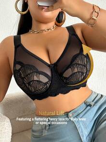 DesireSculpt 1 pieza Sujetador con aros y ajustable con encaje y parches para mujer de talla grande - Negro - Ver 10