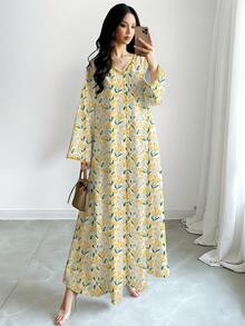 SHEIN Najma Đầm maxi dài tay cổ chữ V in hoa màu vàng, kiểu dáng thanh lịch Ả Rập, thích hợp cho mùa xuân/hè, đi nghỉ mát và mặc hàng ngày. - Nhiều màu - Xem 1