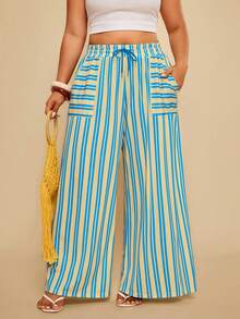 Travachic 大码女式休闲度假撞色条纹印花抽绳腰侧口袋宽松阔腿裤，适合夏季、春季、外出、度假、休闲、波西米亚风、度假风、海岛风、哈瓦那风、热带风、墨西哥风等各种场合。 - 藍色 - 查看 7