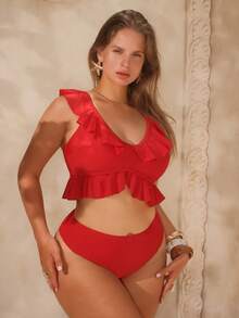 Swim Chiccia Conjunto de traje de baño elegante y modesto con volantes para tallas grandes 2026 - Rojo - Ver 5