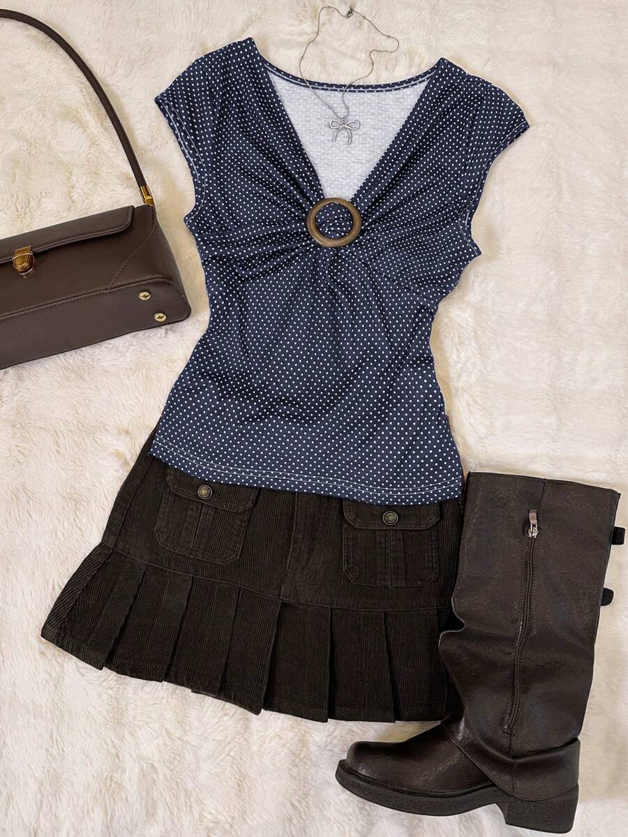 INAWLY Blusa casual de mujer con estampado de lunares y detalle de nudo, para verano - Azul Marino - Ver 1