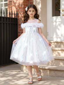 女童白色网纱亮片连衣裙，圆领无修饰羽毛优雅连衣裙，高端网纱薄纱连衣裙，适合各种场合穿着，如派对、婚礼、生日等 - 白色 - 查看 3