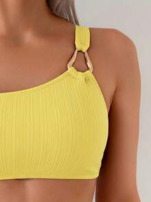 Swim Basics Set Bikini Wanita Warna Kuning Polos, Baju Renang Dua Potong untuk Liburan Pantai Santai Musim Panas, Baju Renang Bergaris Satu Bahu - Kuning - View 5