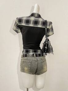 SHEIN Jeanoir Camisa casual de manga corta con botones delanteros y pliegues con estampado a cuadros - Multicolor - Ver 2