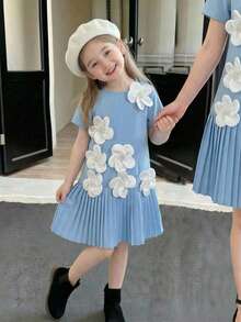 SHEIN Young Girl Elegant Solid Red Round Neck 3D Floral Decor Ruffle Hem A-Line Dress - Blue - View 1