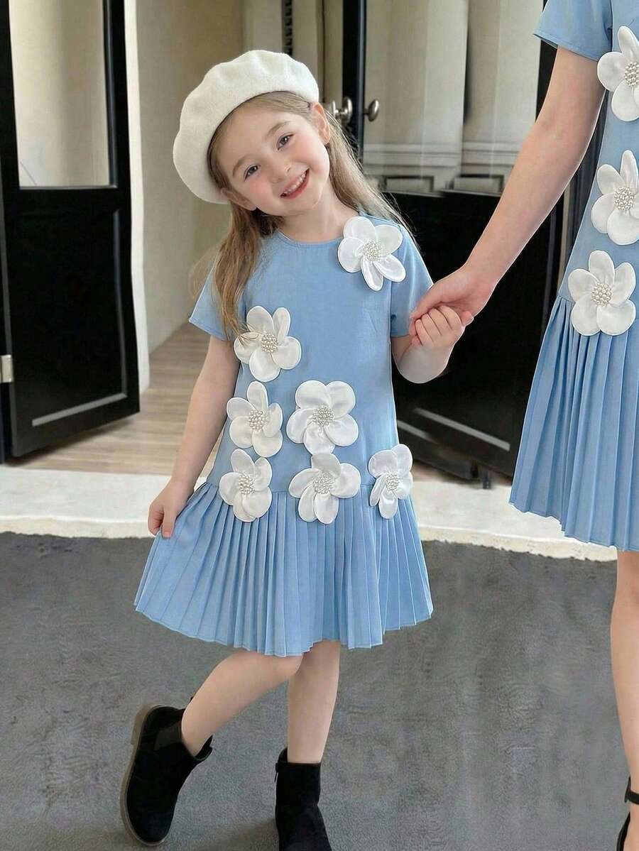 SHEIN Young Girl Elegant Solid Red Round Neck 3D Floral Decor Ruffle Hem A-Line Dress - Blue - View 1