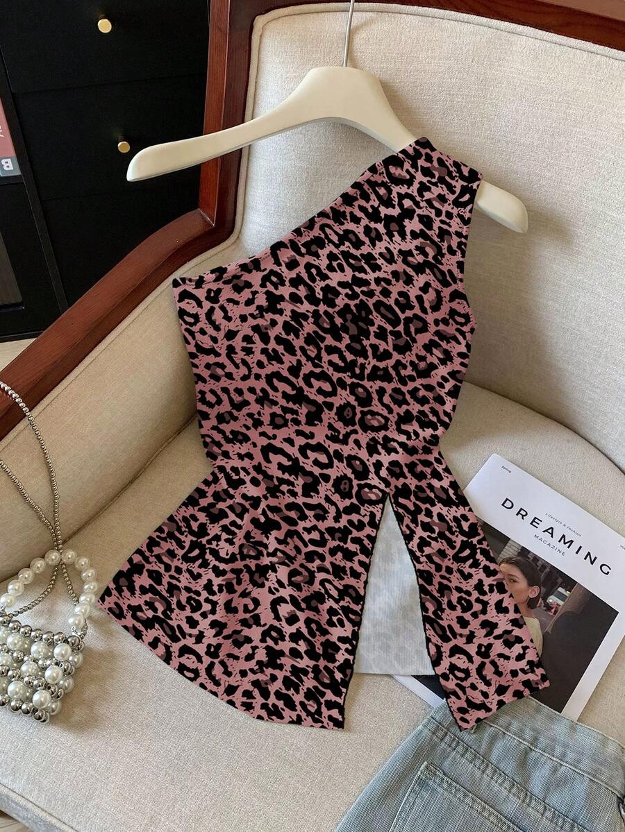 Lyxana Women's Leopard Print Asymmetric Hem Casual Top - Multicolor - View 1