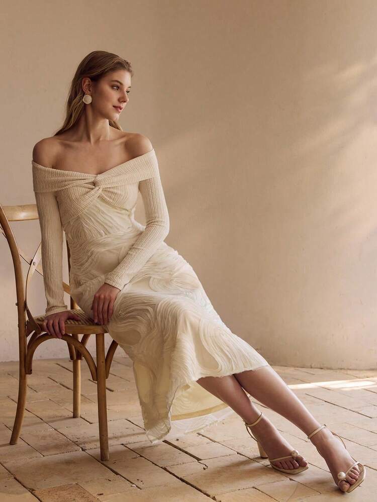 ONE-SHOULDER DRESS, ROMANTIC & ELEGANT TEXTURED FABRIC, TWIST DETAIL, LONG SLEEVE, WAIST-CINCHING, GRACEFUL & LADYLIKE DRESS