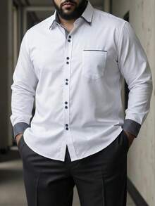 Manfinity Homme Men Plus Size Plaid Contrast Sleeve Trim Single Breasted Casual Shirt, Fall - White - View 1